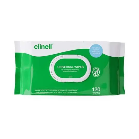 Clinell Universal Wipes Pack of 120 photographed against a plain background.