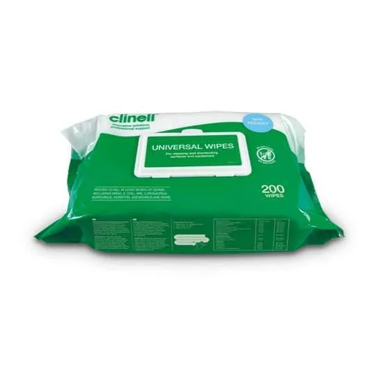 Clinell Universal Wipes Pack of 200 photographed against a plain background.