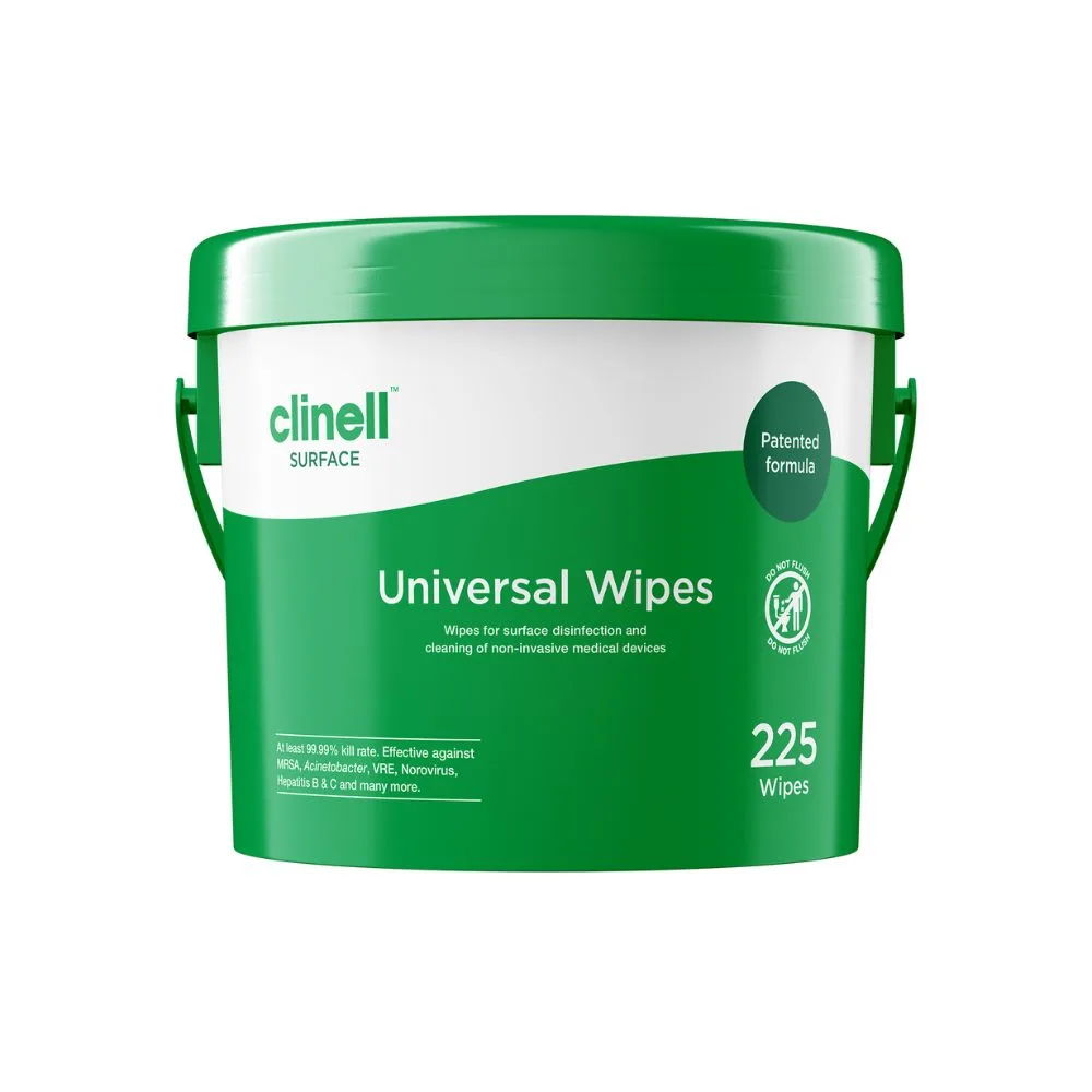 Clinell Universal Wipes Tub of 225 photographed against a plain background.