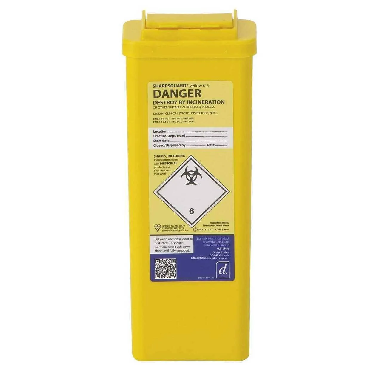 Daniels 0.5 Litre Sharpsguard Yellow Sharps Bins photographed against a plain background.