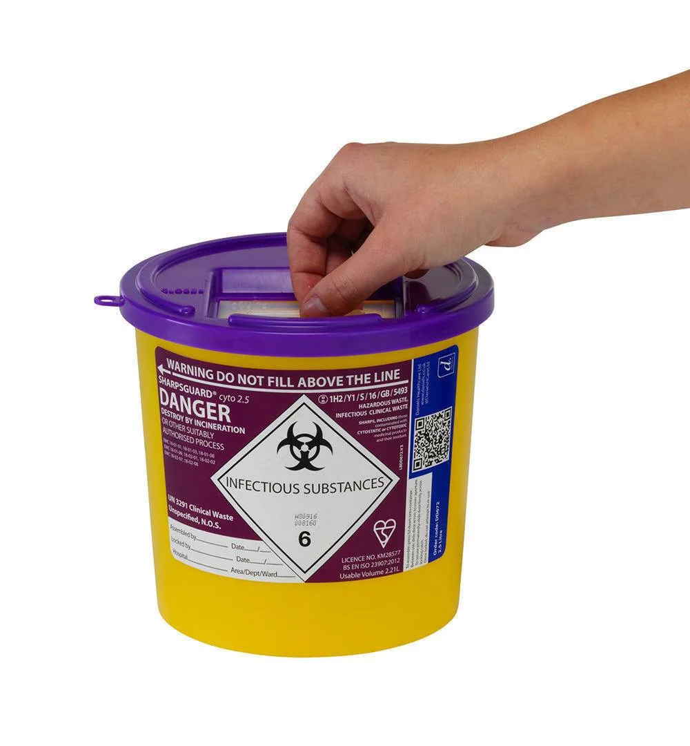 Daniels 2.5 Litre Sharpsguard Purple Cyto Sharps Bin photographed against a plain background.