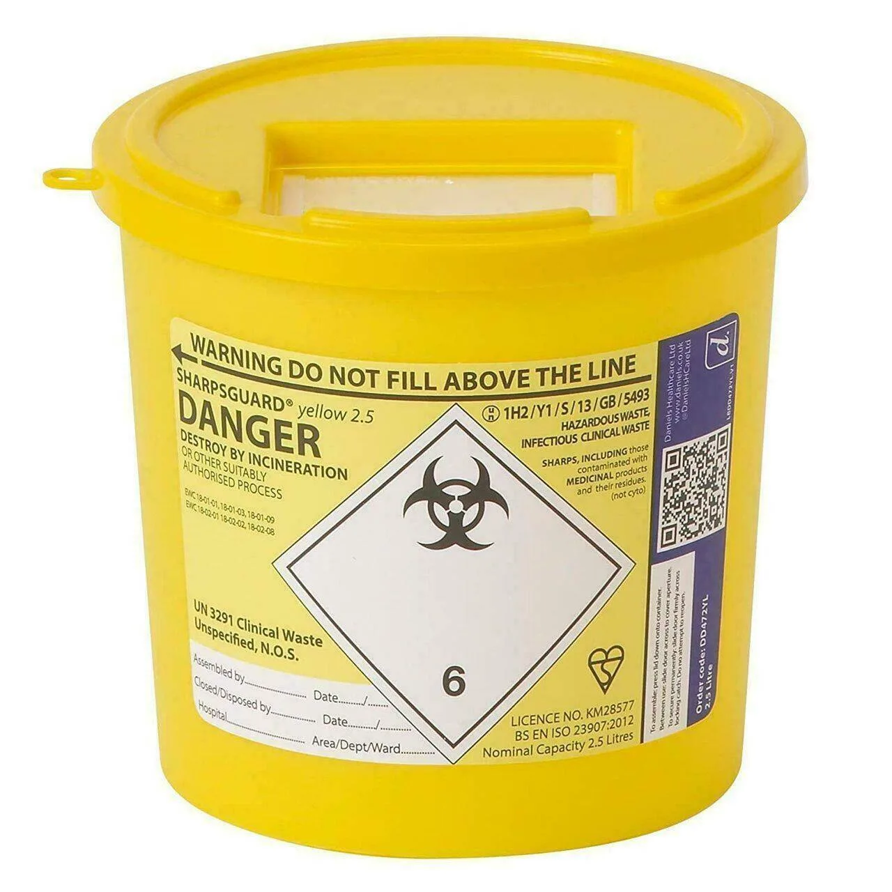 Daniels 2.5 Litre Sharpsguard Yellow Sharps Bin photographed against a plain background.