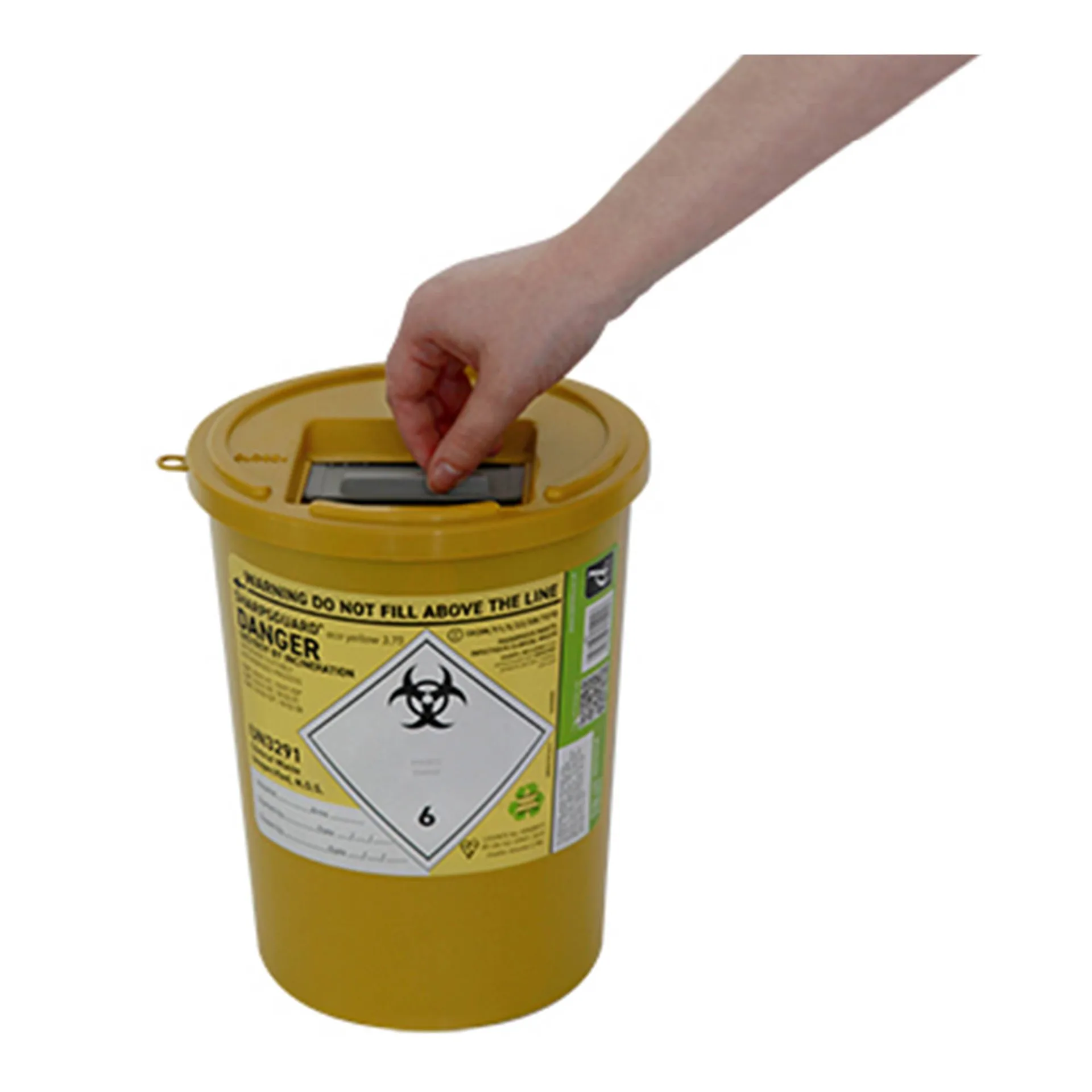 Daniels 3.75 Litre Sharpsguard Yellow Sharps Bins photographed against a plain background.