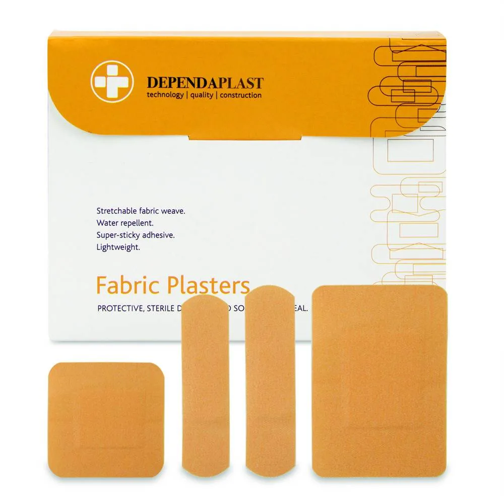 Dependaplast Advanced Fabric Plasters Assorted Box of 100 photographed against a plain background.
