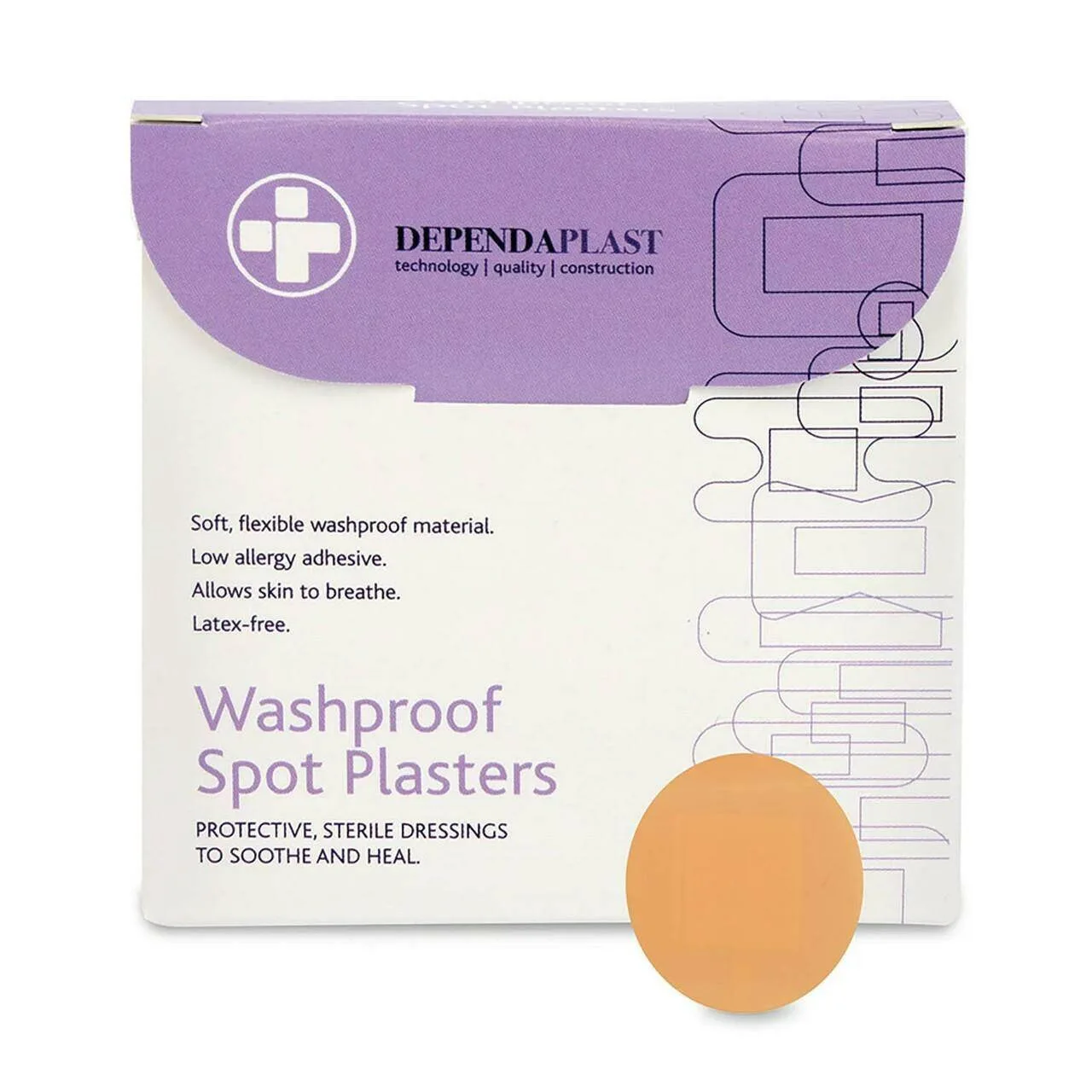 Dependaplast Unperforated Washproof Spot Plasters 2.2cm x 100 photographed against a plain background.