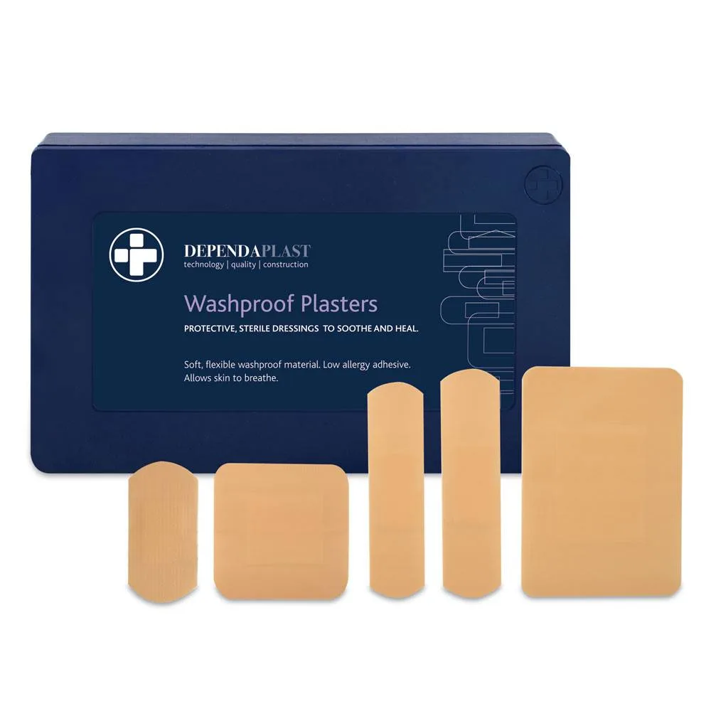 Dependaplast Washproof Assorted Plasters Box of 120 photographed against a plain background.