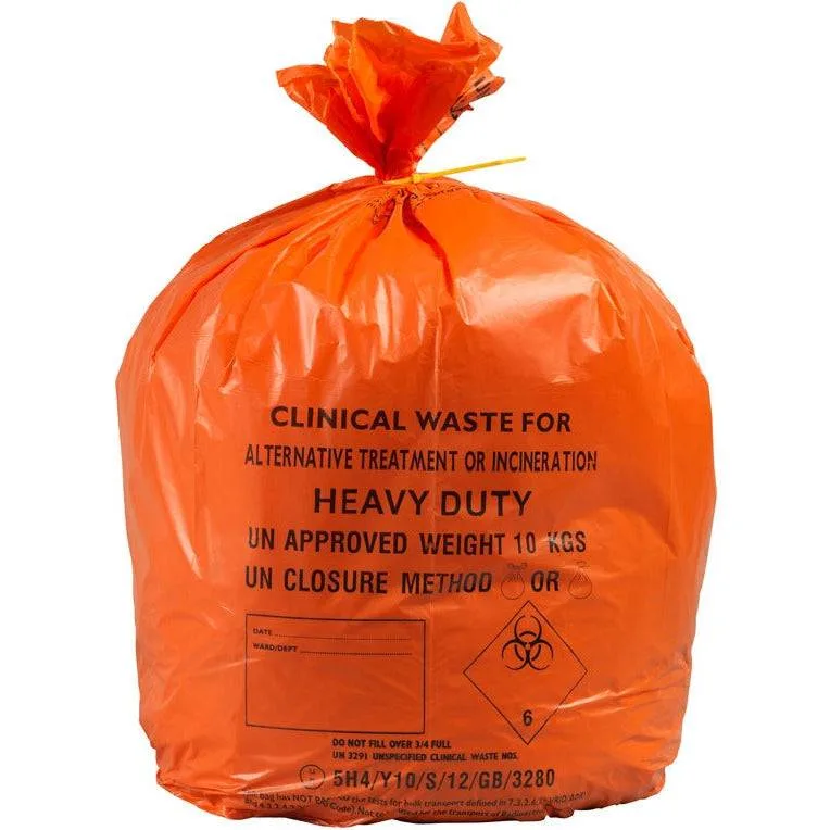 HPC Orange Heavy Duty Clinical Waste Sacks 90 Litres x 25 photographed against a plain background.
