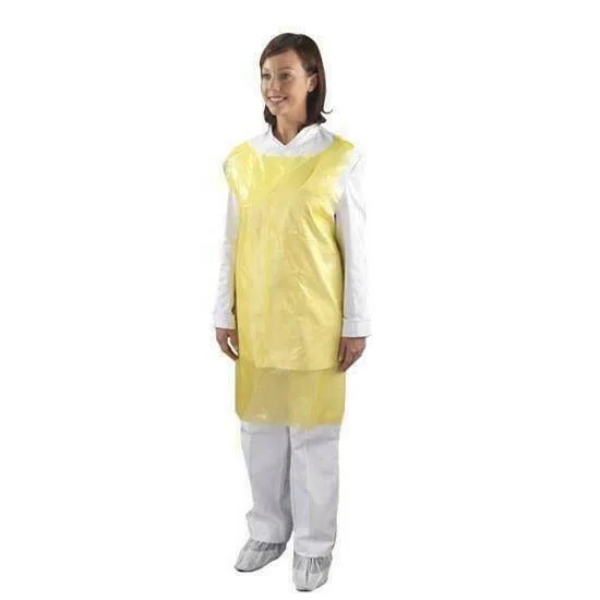 HPC Yellow Disposable Polythene Aprons x 100 photographed against a plain background.