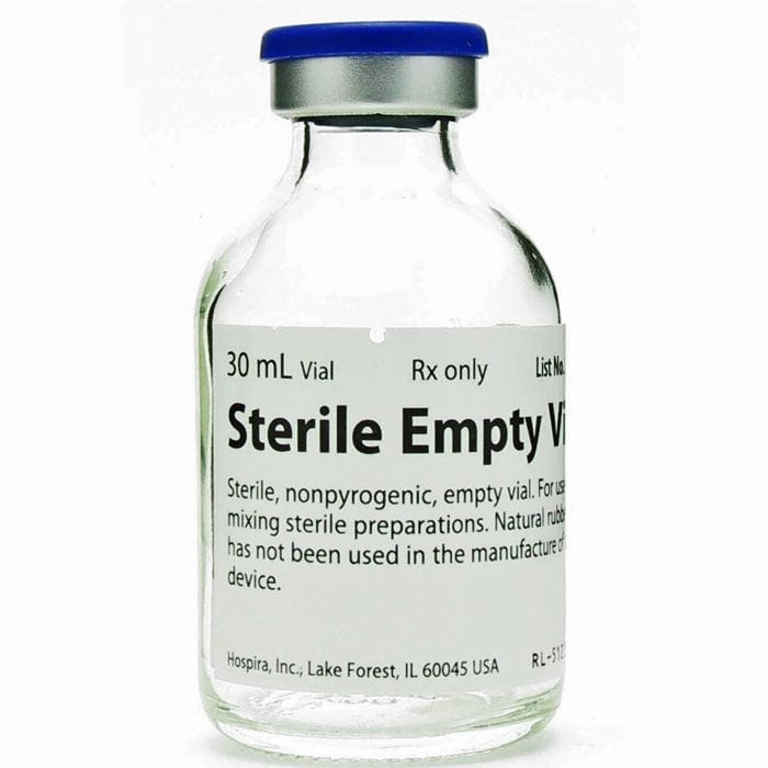 Pfizer Sterile Empty Glass Vials, 30 mL photographed against a plain background.