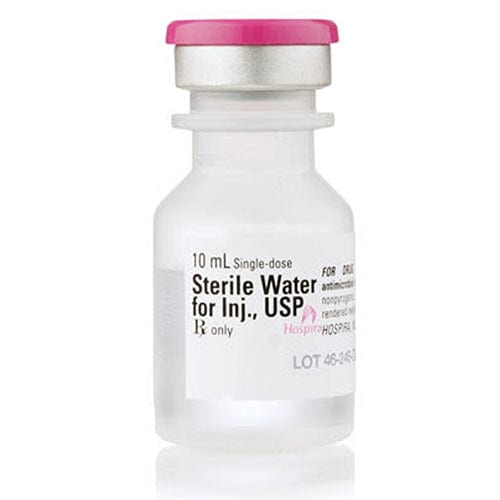 Pfizer Sterile Water, 10 mL Vials photographed against a plain background.