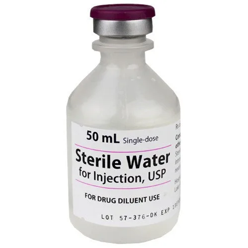 Pfizer Sterile Water, 50 mL Vials photographed against a plain background.
