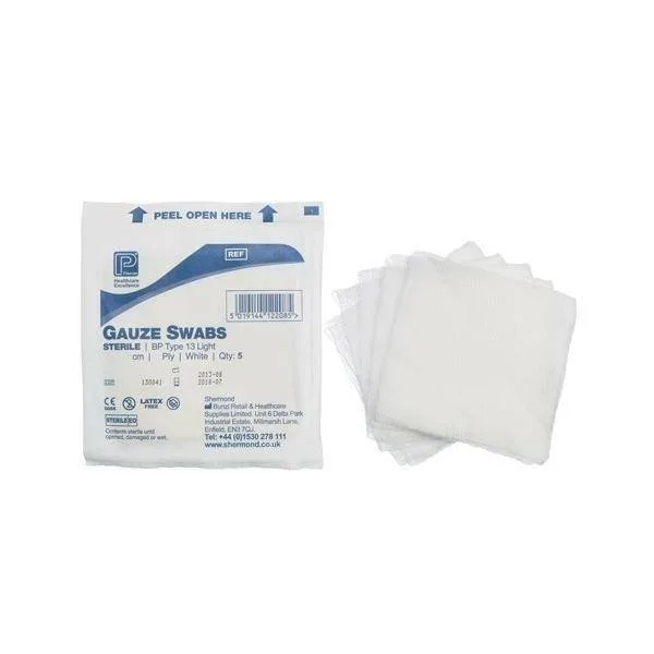 Premier 10 x 10 Sterile Gauze Swabs Single Pack of 5 photographed against a plain background.