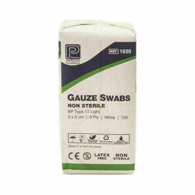 Premier Gauze Swabs: 5cm x 5 cm 8 Ply x 100 photographed against a plain background.