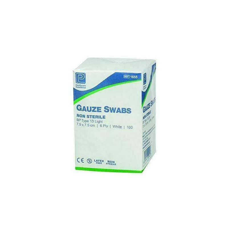 Premier Gauze Swabs: 7.5cm x 7.5cm 8 Ply x 100 photographed against a plain background.