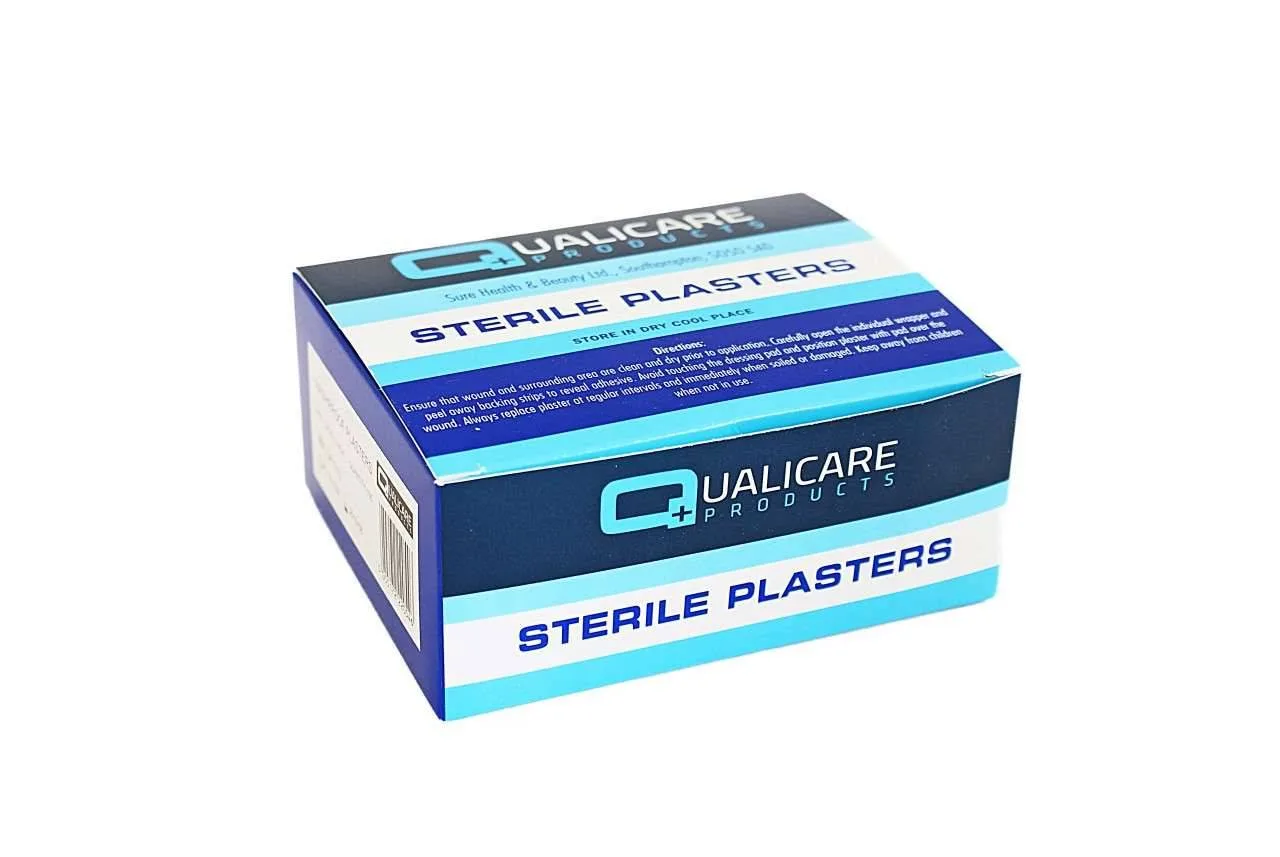 Qualicare 7.2cm x 1.9cm Fabric Plasters Pack of 100 photographed against a plain background.