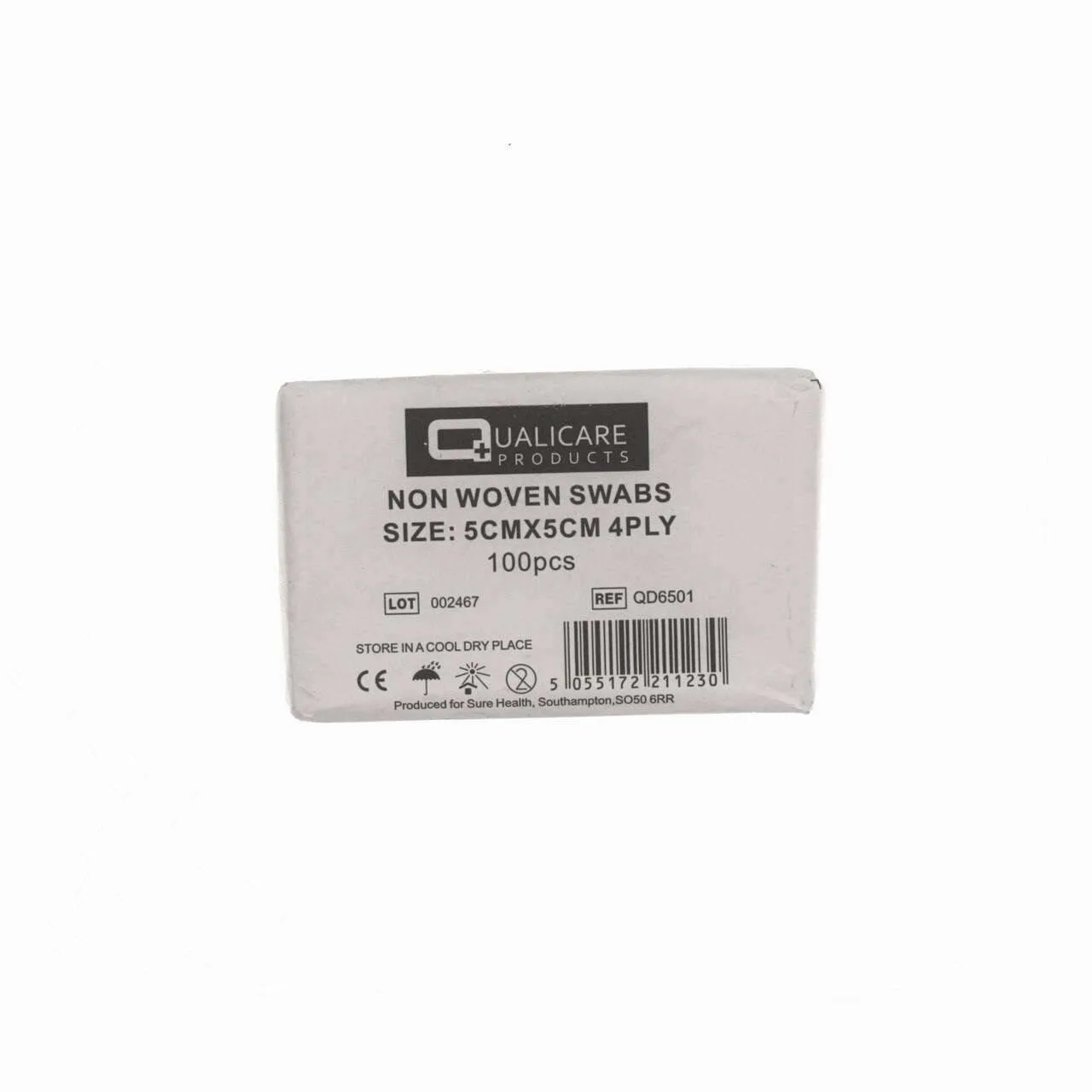Qualicare Gauze Swabs 5cm x 5cm 4 Ply x 100 photographed against a plain background.