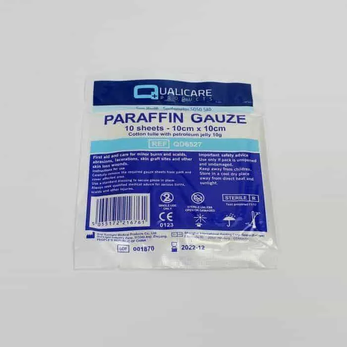 Qualicare Sterile Paraffin Gauze Dressing 10cm x 10cm photographed against a plain background.