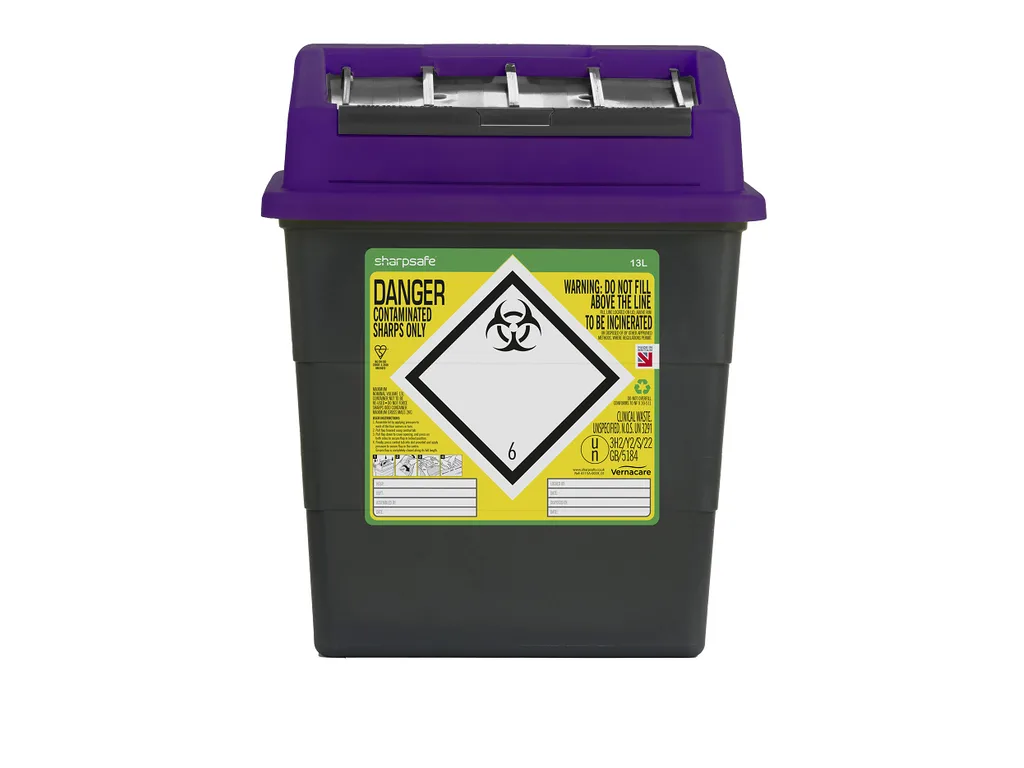 Sharpsguard 13 Litre Sharpsafe Grey Sharps Bin Purple Lid photographed against a plain background.