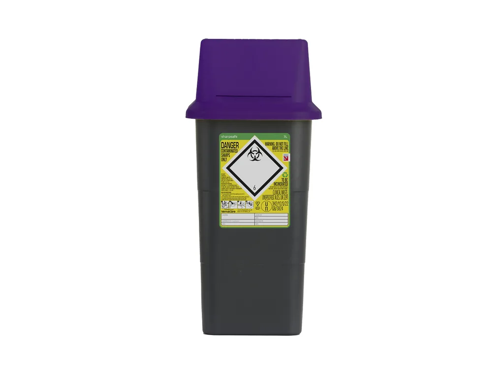 Sharpsguard 7 Litre Sharpsafe Grey Sharps Bin - Purple Lid photographed against a plain background.