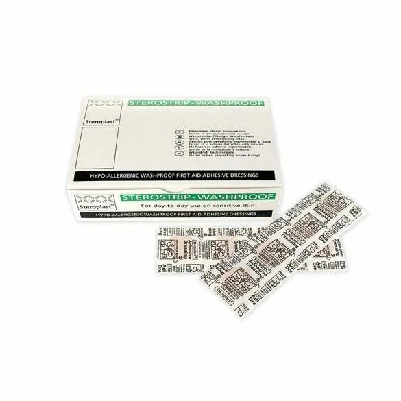 Steroplast Sterostrip Washproof Spot Plaster 2.4cm - Pack of 200 photographed against a plain background.