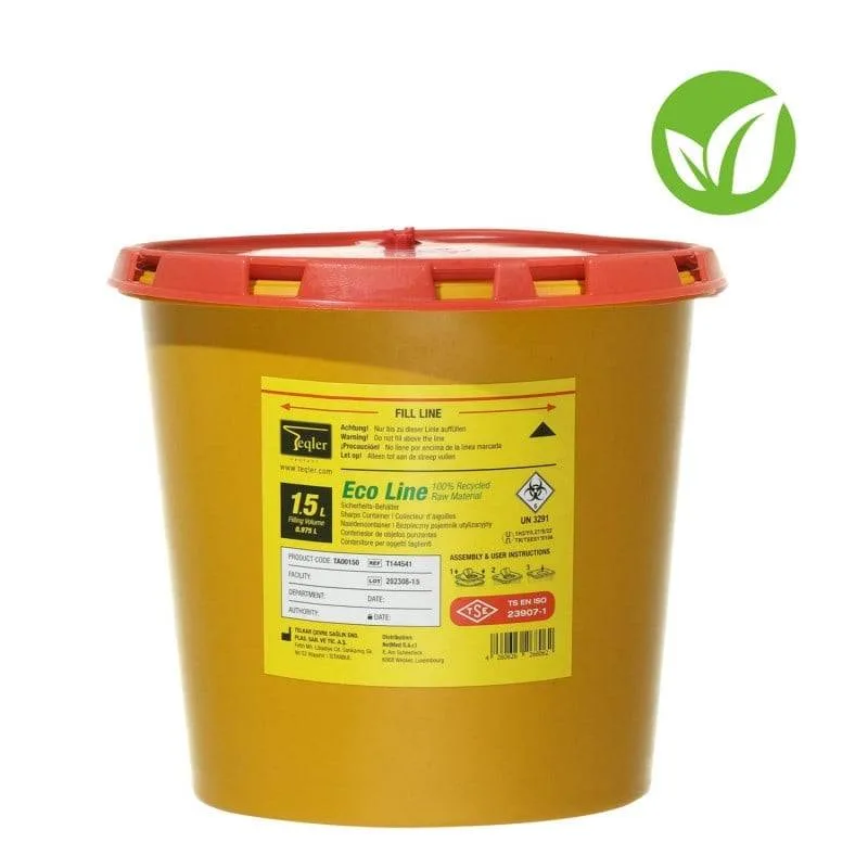 Teqler 1.5 Litre Eco Line Sharps Bin photographed against a plain background.