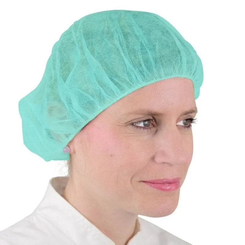 Teqler Green Bouffant Style Mob Caps Pack of 100 photographed against a plain background.