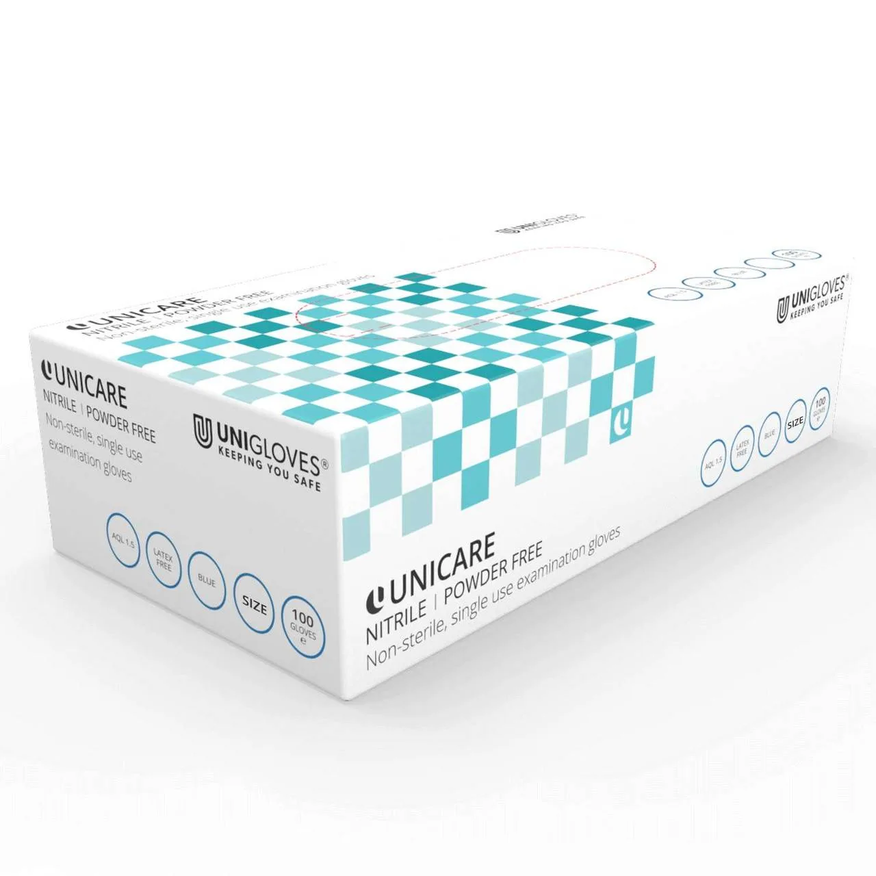 Unicare Blue Nitrile Examination Gloves photographed against a plain background.