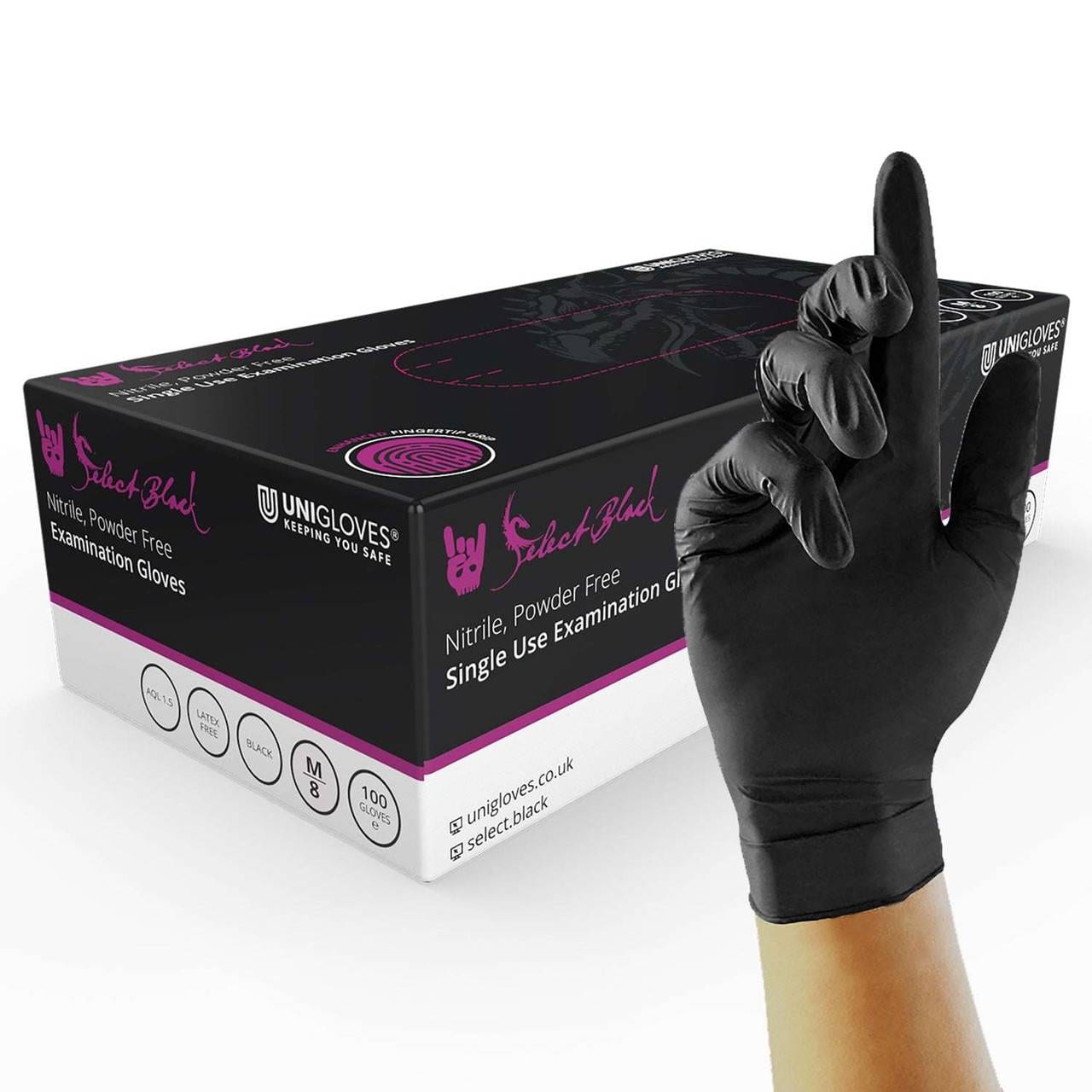 Unigloves Black Nitrile Examination Gloves photographed against a plain background.