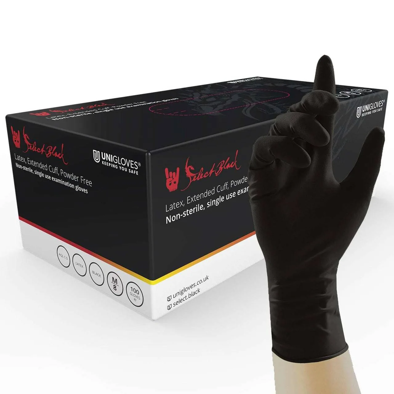 Unigloves Black Nitrile Examination Gloves photographed against a plain background.