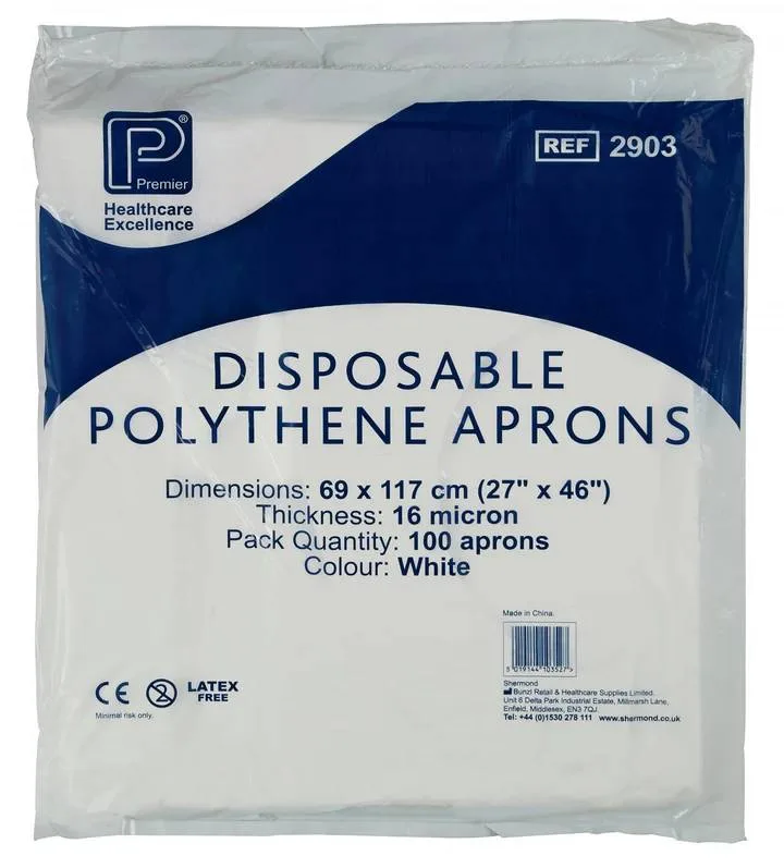 White Disposable Polythene Aprons 69cm x 117cm Pack of 100 Premier photographed against a plain background.
