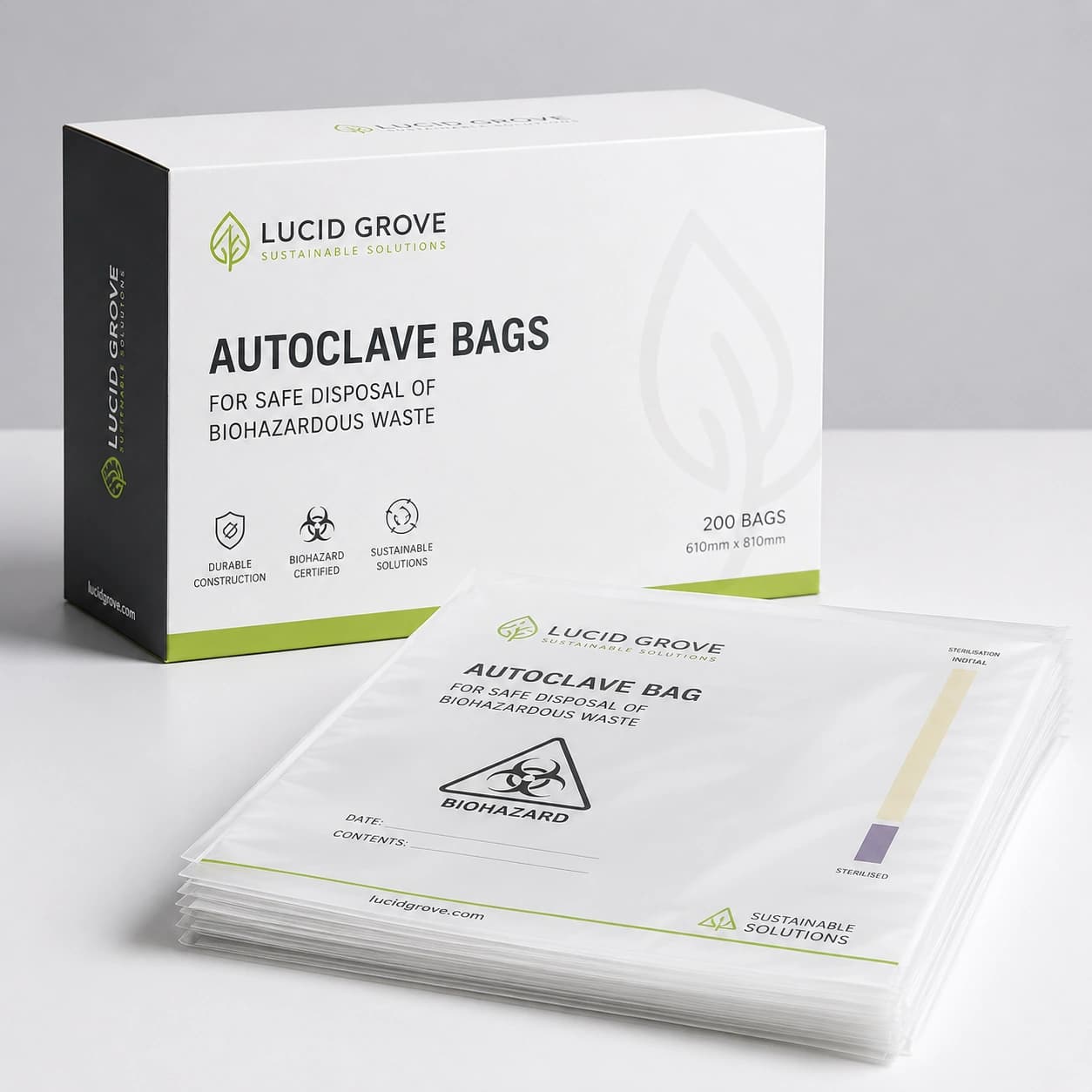 A Lucid Grove box of autoclave biohazard bags with a folded stack of bags beside it.