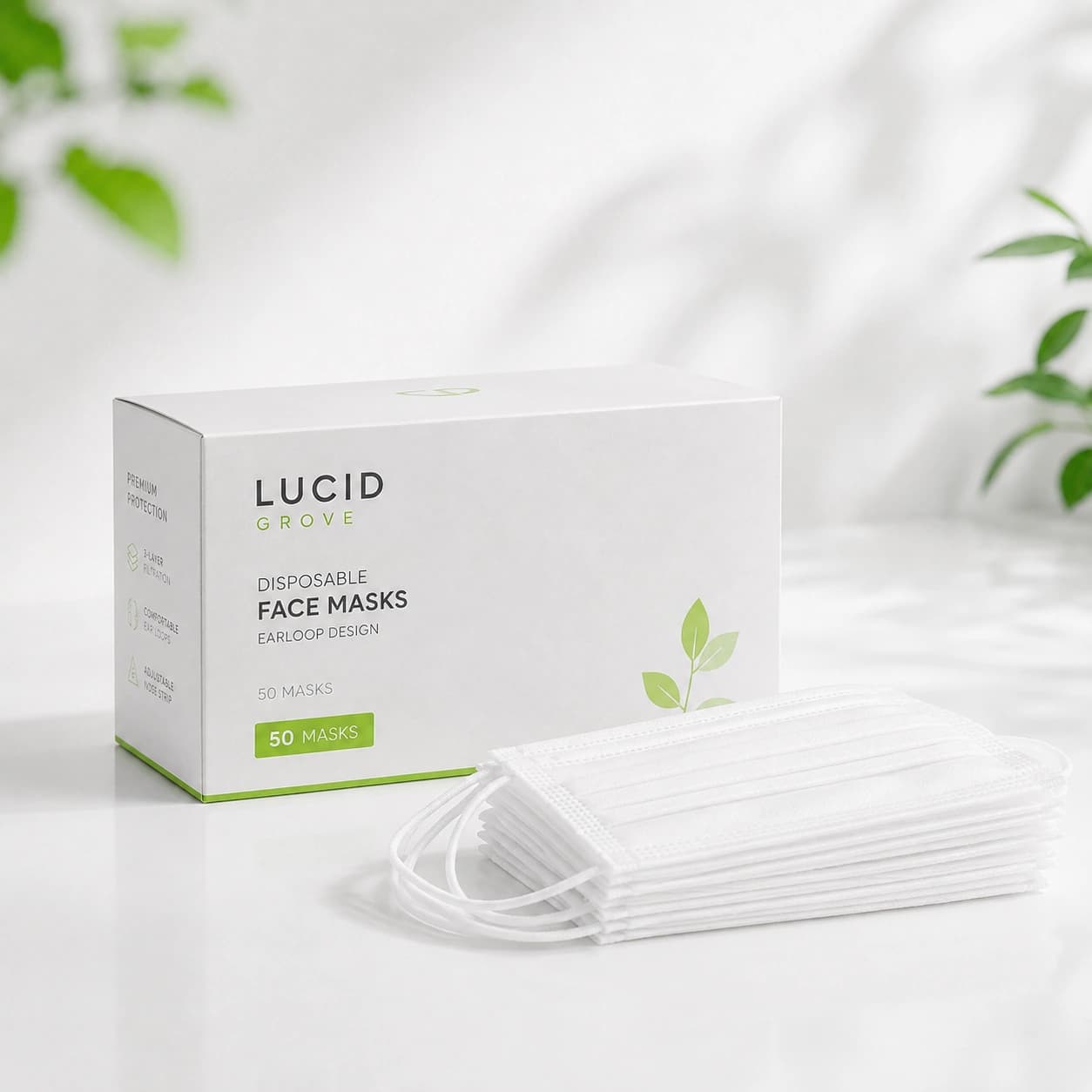 A Lucid Grove box of disposable three-ply face masks with a folded stack beside it.