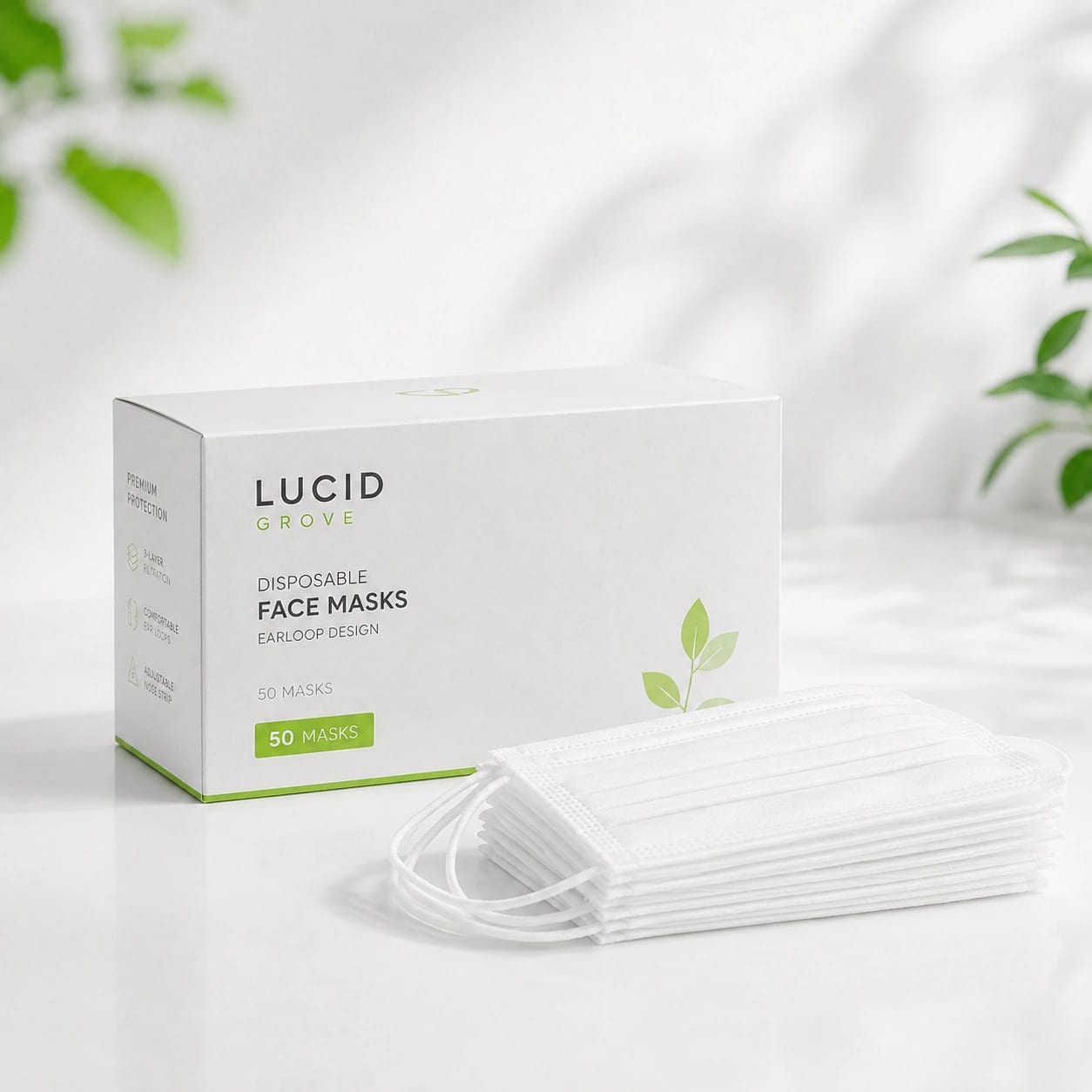 A Lucid Grove box of disposable three-ply face masks with a folded stack beside it.