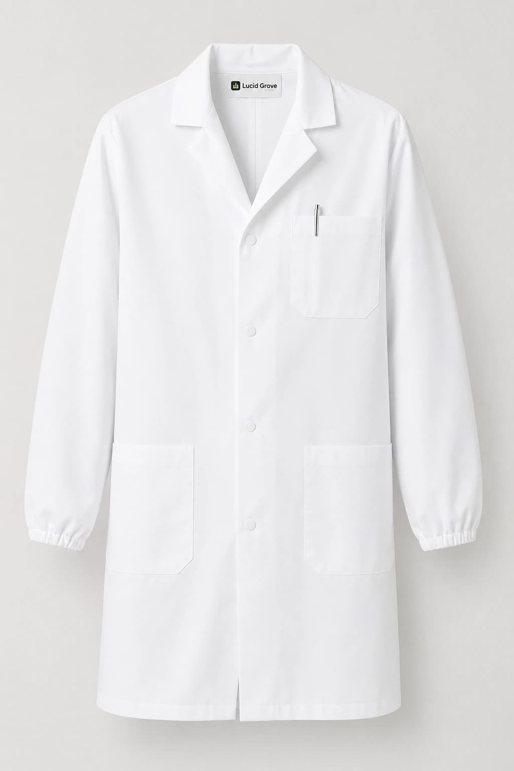 A white Lucid Grove laboratory coat with knitted cuffs, notched lapel and three pockets.