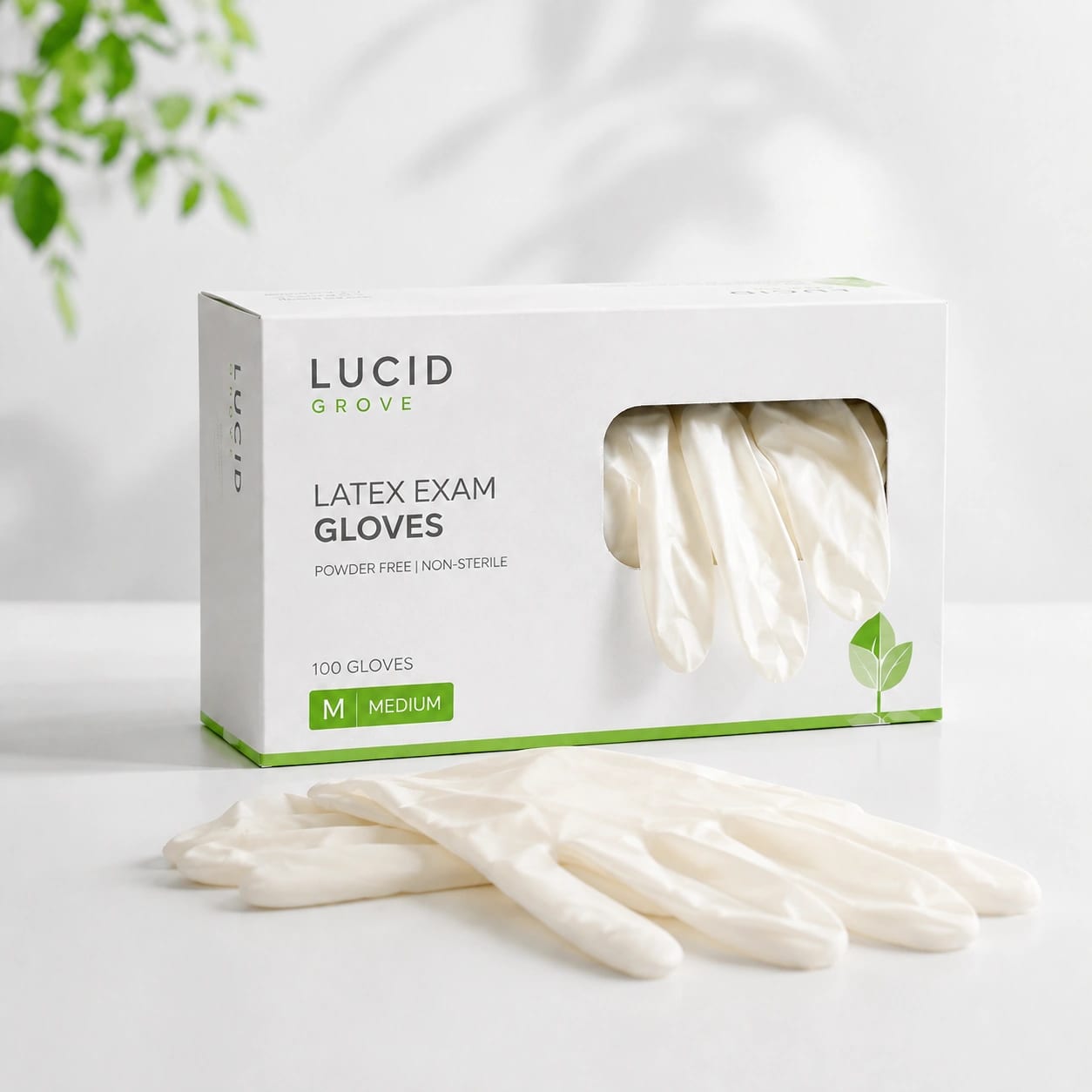 A Lucid Grove box of powder-free latex examination gloves with gloves laid out beside it.