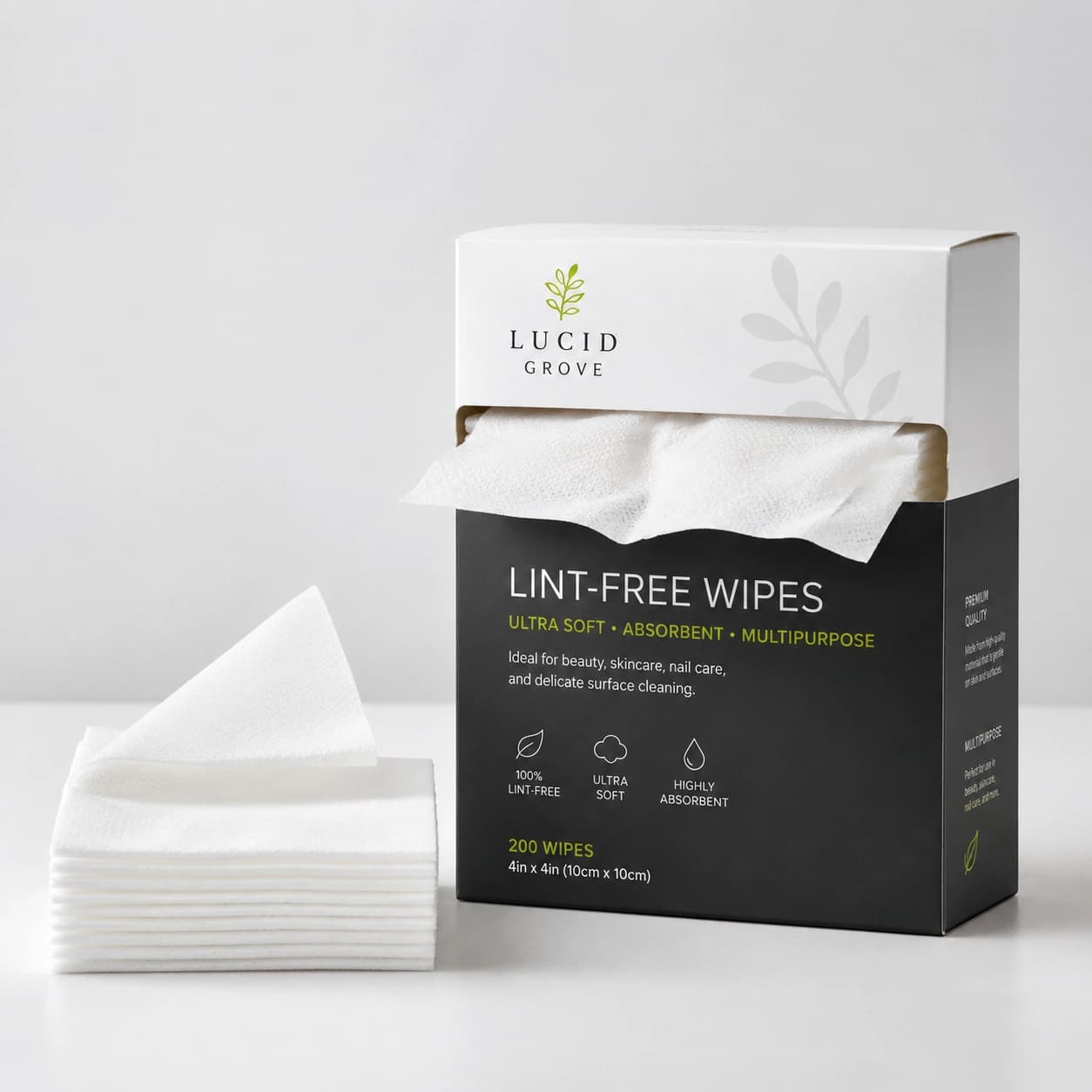 A Lucid Grove pop-up box of lint-free laboratory wipes with a folded stack beside it.
