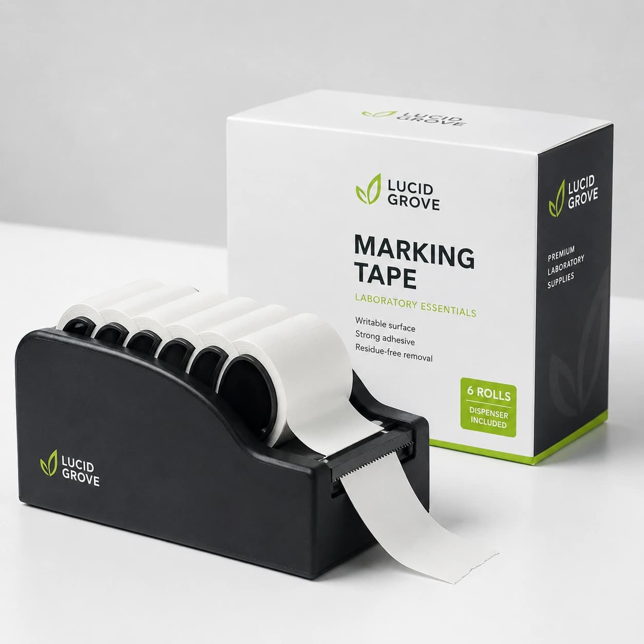 Lucid Grove marking tape loaded on a black weighted bench dispenser, beside the box.