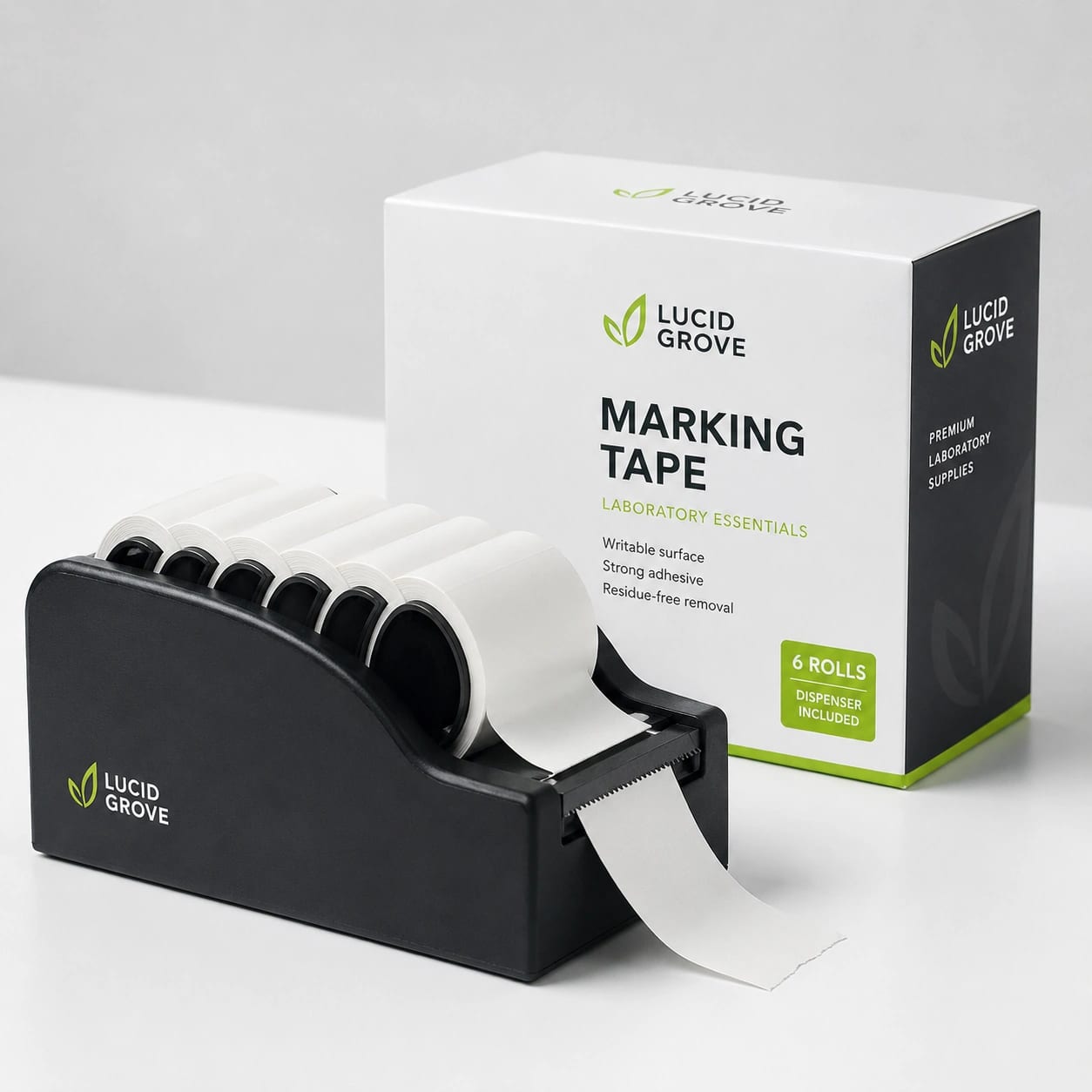 Lucid Grove marking tape loaded on a black weighted bench dispenser, beside the box.