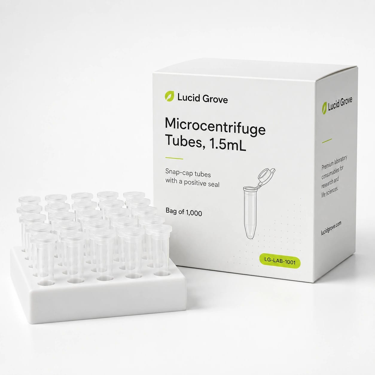 Lucid Grove 1.5mL snap-cap microcentrifuge tubes standing in a rack, beside the box.