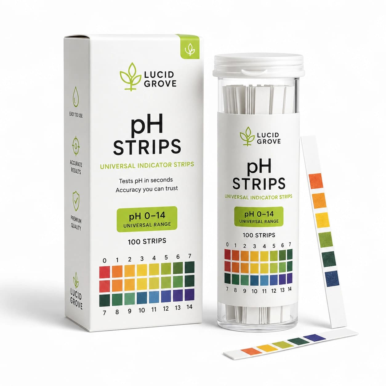 A Lucid Grove tube of universal pH indicator strips beside its carton, both showing the colour chart.