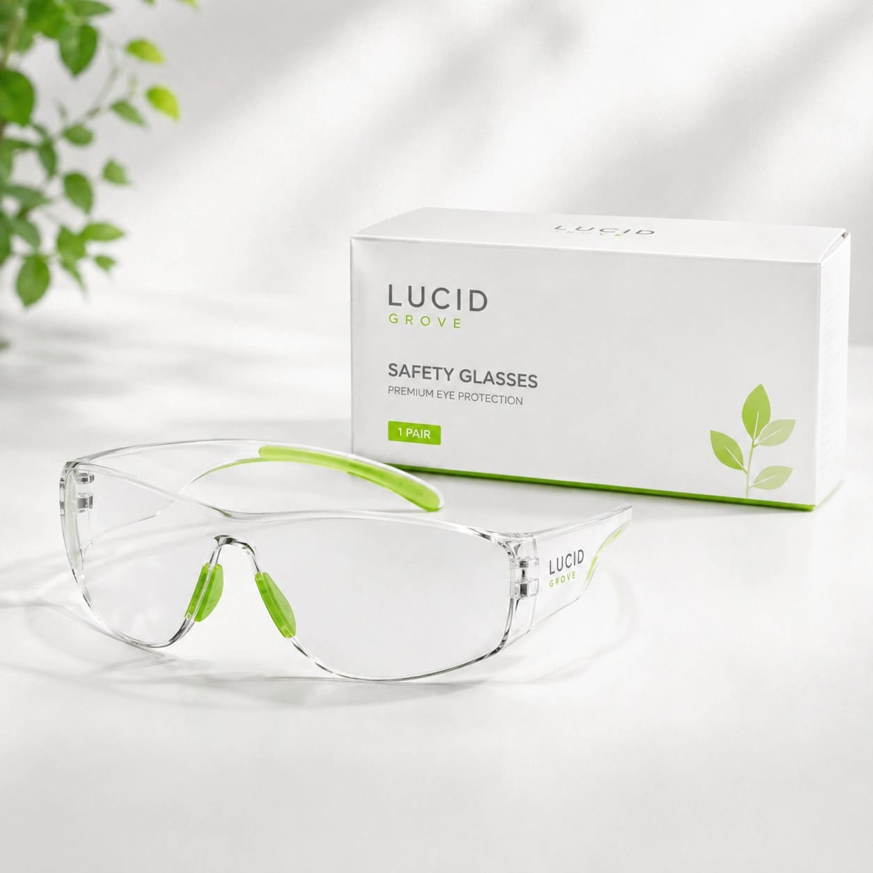 Lucid Grove wraparound safety spectacles with green temple tips, beside their box.