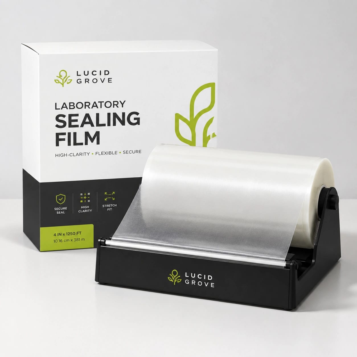 A Lucid Grove roll of laboratory sealing film on a black cutting dispenser, beside the box.