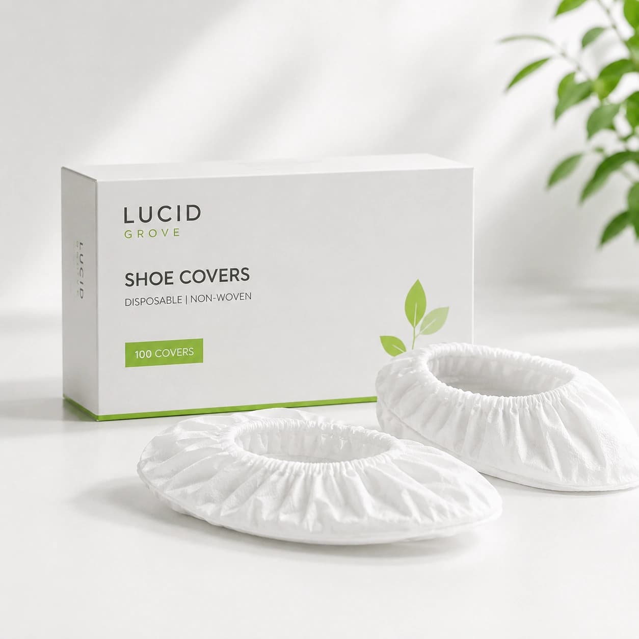 A Lucid Grove box of disposable shoe covers with a pair laid out beside it.