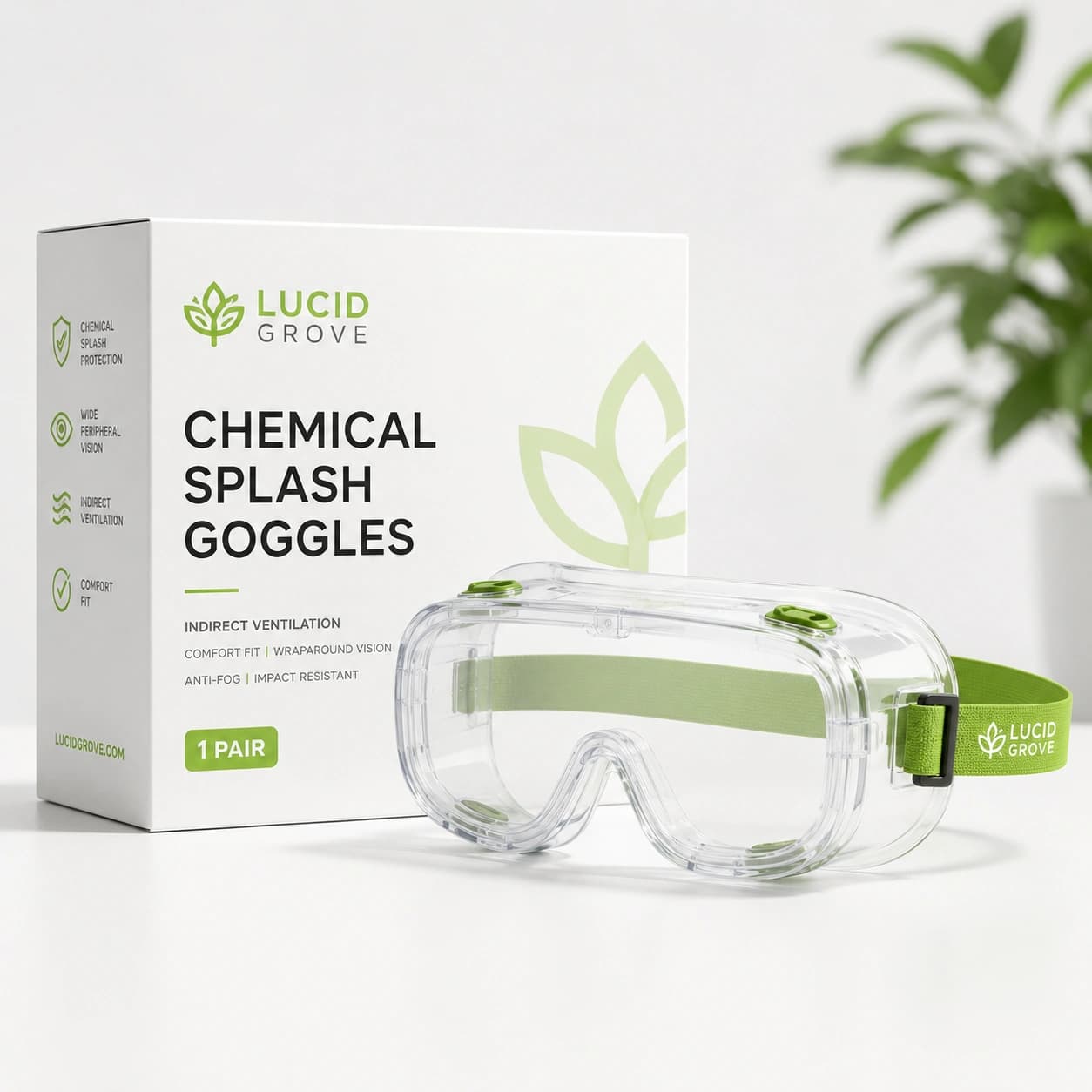 Lucid Grove chemical splash goggles with a green adjustable strap, beside their box.