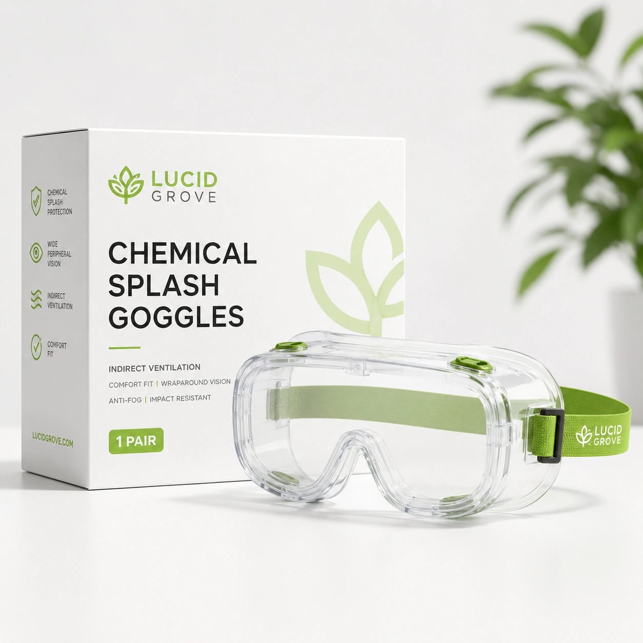 Lucid Grove chemical splash goggles with a green adjustable strap, beside their box.