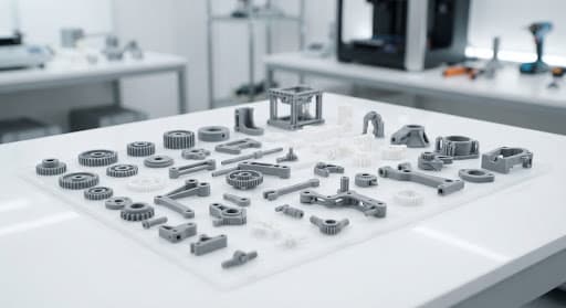 Intricate 3D printed mechanical parts arranged neatly on a clean white laboratory surface.