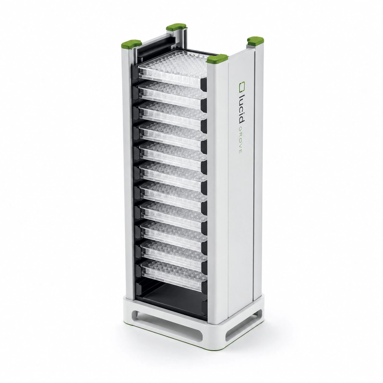 A Lucid Grove microplate transport stack holding a column of loaded microplates.