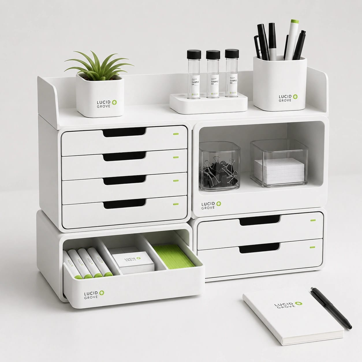 A Lucid Grove modular storage system of stacked drawer units, open shelves and tray inserts.