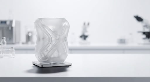 A premium Erlenmeyer flask on a clean clinical white surface with soft bright lighting.