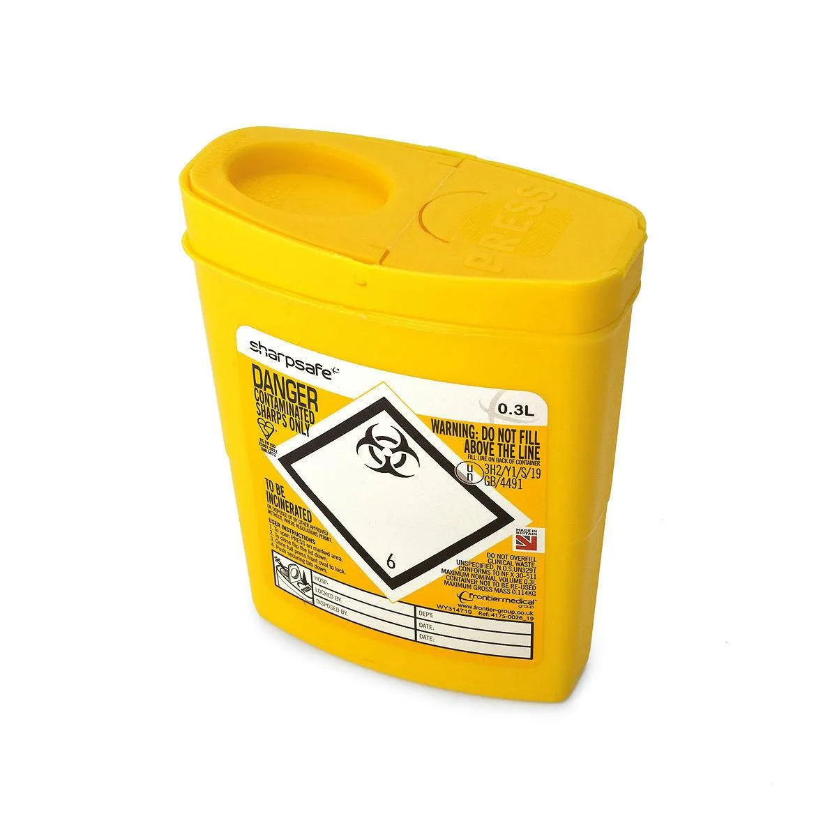 0.3 litre Sharpsafe Yellow Sharps Bin photographed against a plain background.